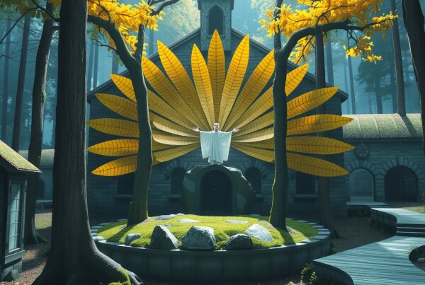 A serene stone church in a golden forest with striking leaf architecture.
