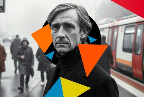 A person stands at a foggy train station, framed by colorful geometric shapes.