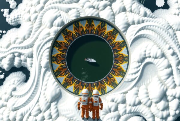 Astronauts on surreal cloudscape peering into a vibrant circular pit with a lone boat, merging space exploration with artistic whimsy.