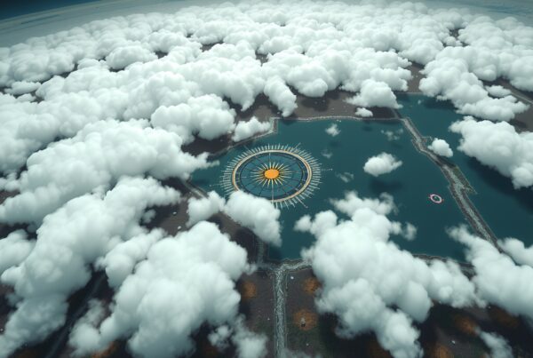 Aerial view of futuristic landscape with circular structure in vibrant colors surrounded by geometric patterns and fluffy clouds.