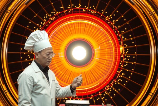 Chef in white coat and hat stands before a glowing orange circular structure, juxtaposing culinary tradition and advanced science.
