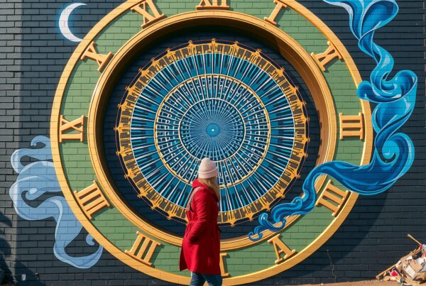 A woman admires a vibrant mural depicting a cosmic clock on a brick wall amidst urban surroundings.
