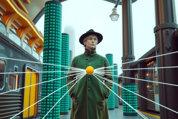 A person in a green coat stands in a futuristic train station with digital patterns and intersecting lines.