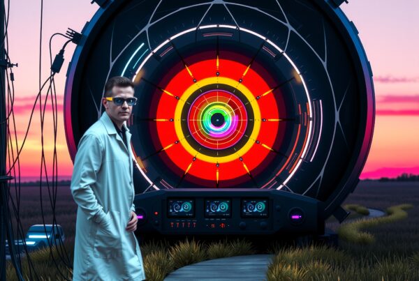 A scientist in a lab coat stands on a path beside a colorful, futuristic device with glowing concentric circles at dusk.