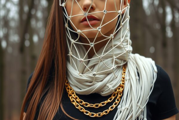 A stylish woman wearing a netted headdress and gold chains in a forest setting.