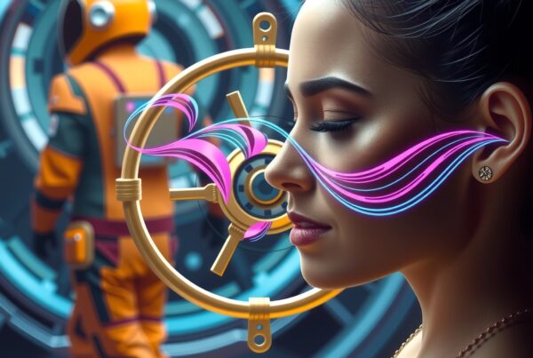 A futuristic digital art piece featuring a serene woman with neon arcs and sci-fi background elements.