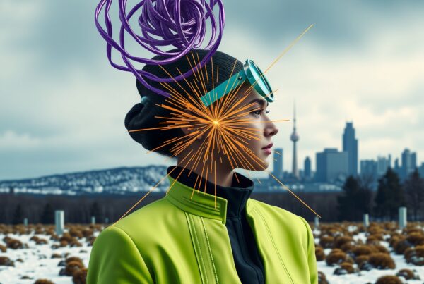 Woman in futuristic fashion with avant-garde headpiece and vibrant green jacket set against a snowy landscape and city skyline.