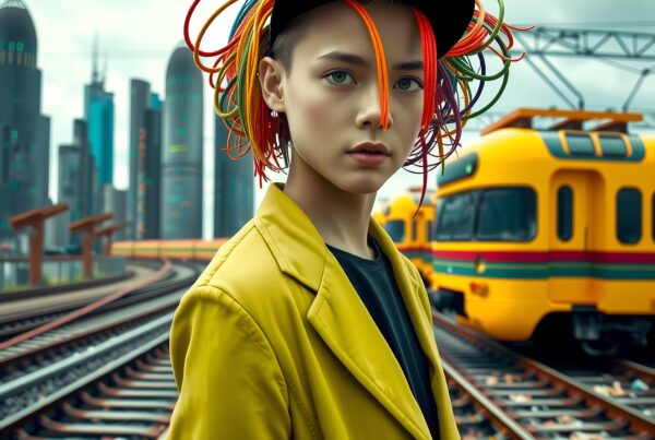 A fashion-forward individual with colorful hair and a yellow jacket stands by train tracks in a futuristic cityscape.