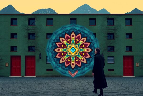 Image of a person in a black coat standing before a green building with red doors and a large colorful mandala mural, set against a backdrop of mountains and a yellow sky.