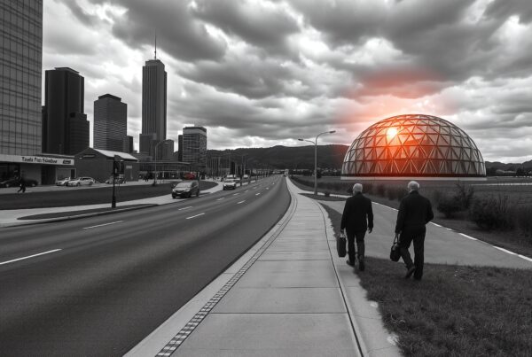 Modern cityscape with dramatic cloudy sky, futuristic dome glowing warm orange light, and two people walking along an empty street.