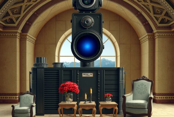 A vintage camera art piece in a grand, ornate hall.