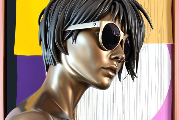 Contemporary bronze sculpture with sunglasses against an abstract colorful background, featuring geometric shapes and vibrant colors.