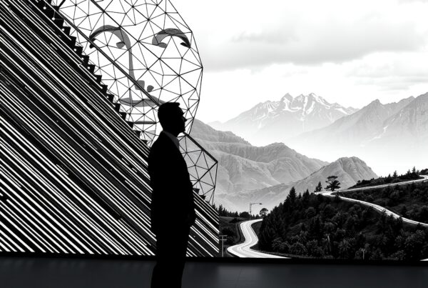 Artistic silhouette against mountains and geometric face.