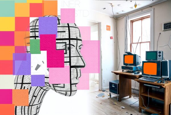 A split image juxtaposing colorful abstract art with an old technology-filled room.