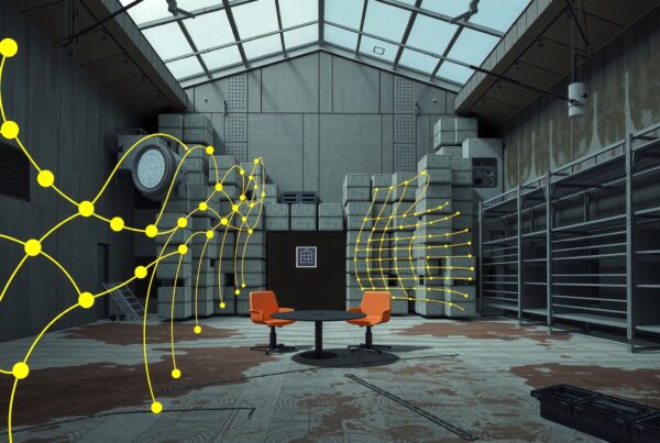 Futuristic warehouse interior with orange chairs, digital glowing lines, and storage boxes.