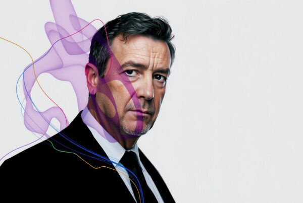 Portrait of a man with abstract purple design.