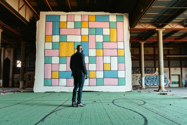 A man in a suit observes a vibrant, geometric mural inside an abandoned warehouse with graffiti-covered walls.