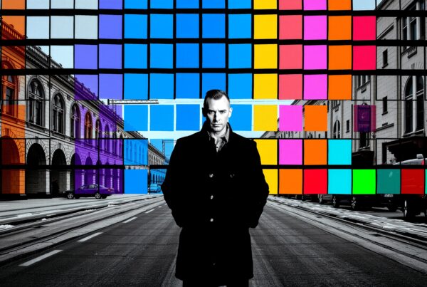 Man stands in city with colorful overlay grid.