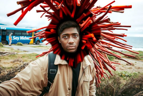 Young individual with red halo-like structure in front of ocean and bus.