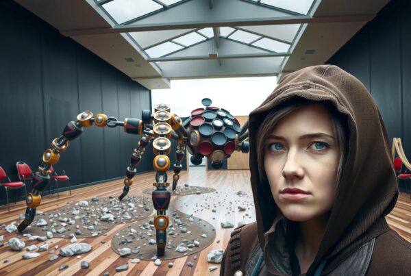 A woman stands in a modern room with a futuristic robotic sculpture.