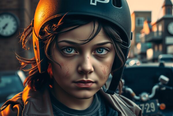 Portrait of child wearing helmet on urban street.