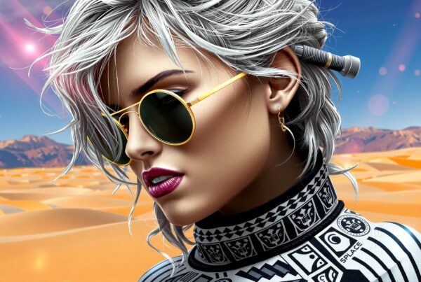 A stylish woman with silver hair wearing sunglasses poses in a bright desert landscape.