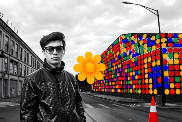 Young man in glasses standing on a colorful urban street with artistic elements and dramatic contrast between vibrant colors and grayscale background.