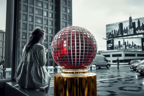 Woman observing city through window with large red globe sculpture.