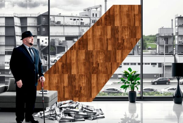 A man in a suit stands in a modern room with large windows showing an industrial cityscape.