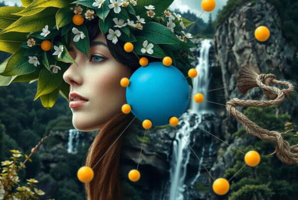 Abstract portrait with natural elements, featuring a woman's face, foliage, flowers, and spheres in a surreal landscape.