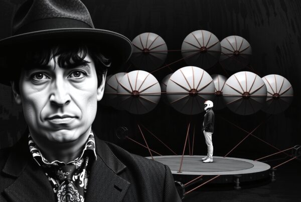 A person in a dark hat with a geometric structure and helmeted figure in monochrome.