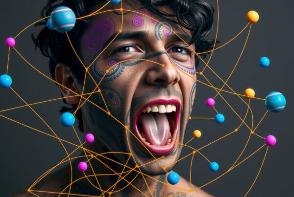 Colorful portrait of man with facial paint and floating spheres, set against a dark background.