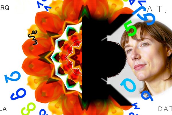 A woman’s thoughtful gaze juxtaposed with abstract kaleidoscope patterns and colorful numbers.