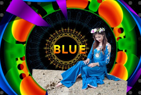 A woman in a blue dress sits against a vibrant, colorful backdrop featuring the word "BLUE."