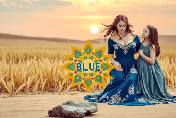 Woman and girl in blue dresses sit in a golden wheat field at sunset with colorful geometric overlay.