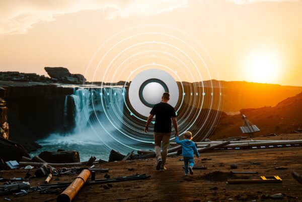 A man and child explore a futuristic landscape with digital technology, waterfall, and sunset backdrop.