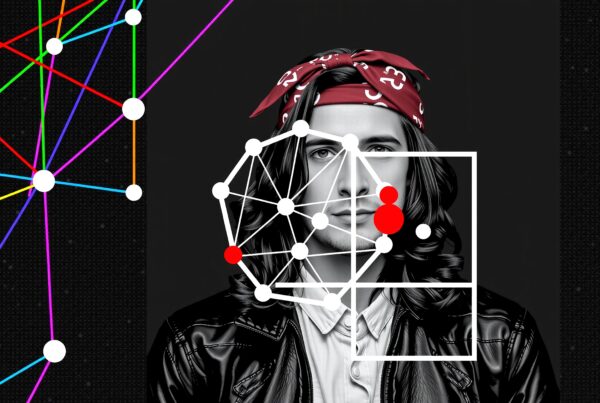 Young person with bandana and geometric art overlay.