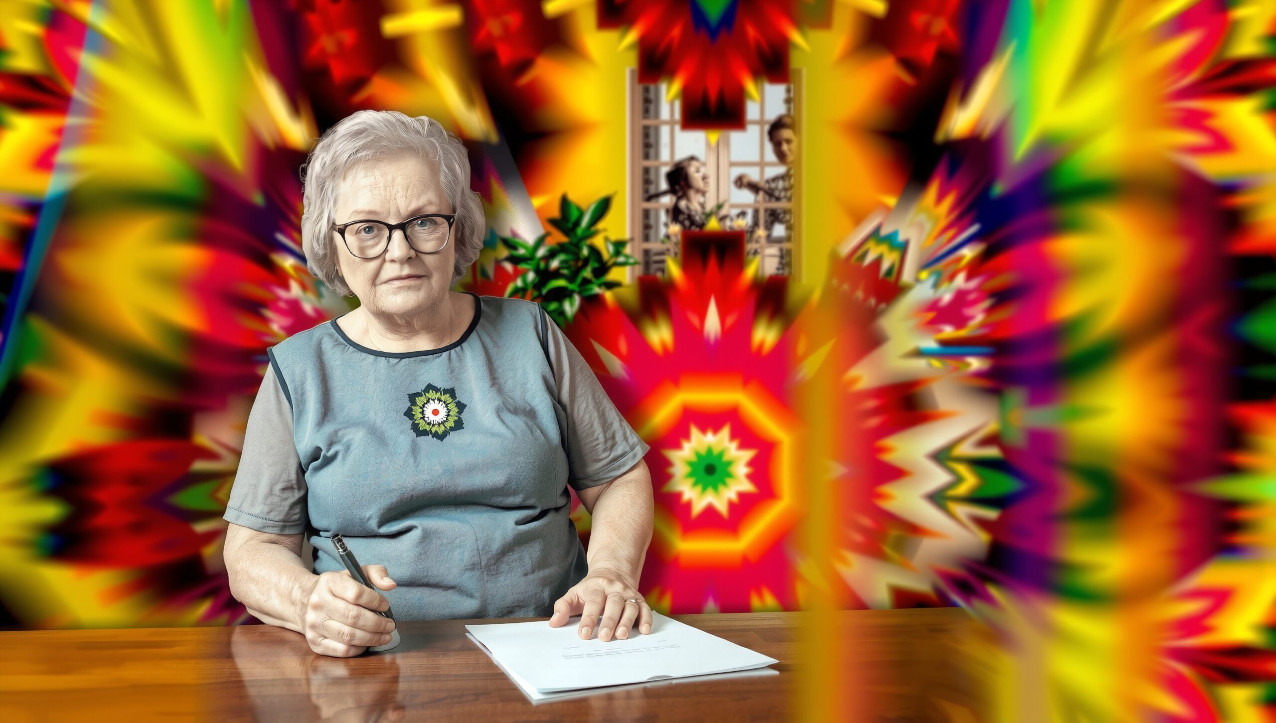Elderly Woman Amidst Colorful Background