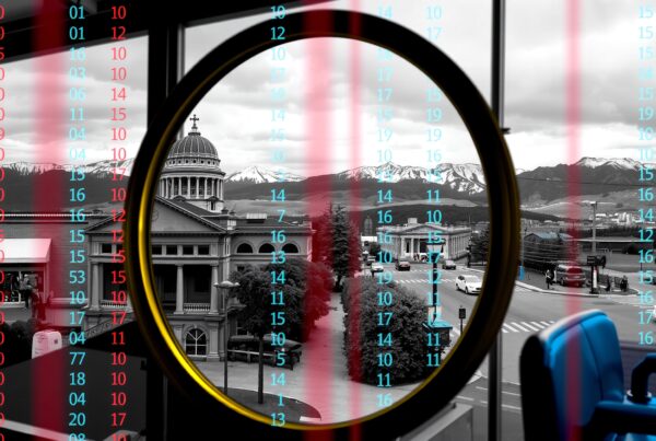 An image blending colorful digital numbers, classic architecture, and mountain landscape.