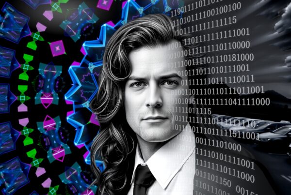 A professional man stands amidst a vibrant kaleidoscope and binary-coded world, symbolizing the intersection of creativity and technology.