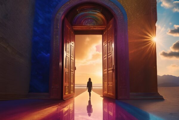 A person stands in a vibrant, surreal landscape with a sunset behind them, framed by an ornate doorway leading to an imaginative scene.