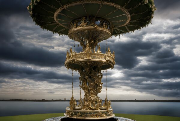 An ornate golden carousel stands majestically against a stormy sky over tranquil waters, exuding elegance and grandeur.