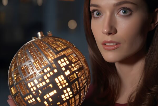 A woman holds a glowing, intricate sphere lamp, casting warm light on her face against a dark, blurred background.