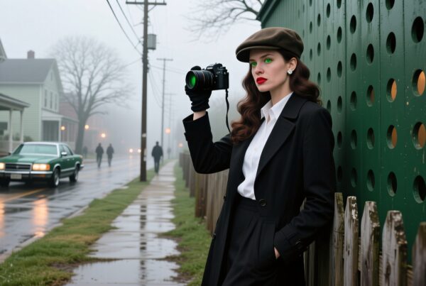 A woman in vintage attire with a camera stands on a foggy street, exuding mystery and elegance.