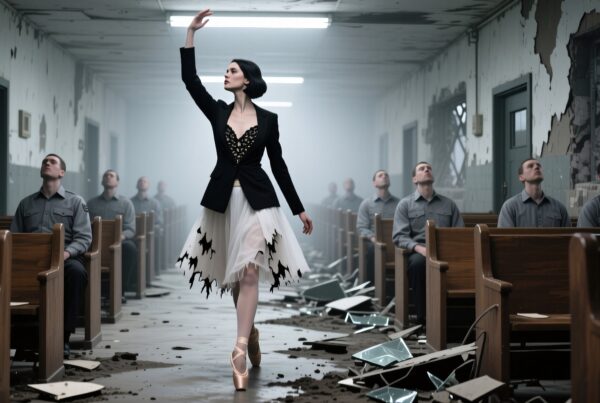 Ballerina walking through debris-filled hallway with seated men, contrasting grace and chaos.