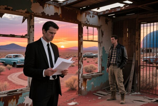Two men in suits and casual wear in an abandoned building at sunset in the desert with vintage cars.