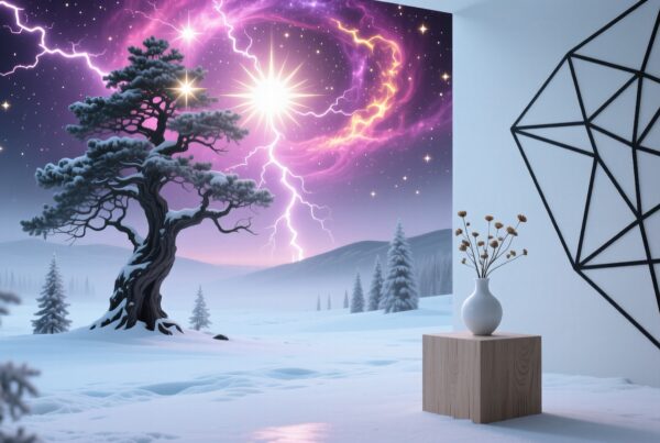 A snowy landscape features a lone tree and a vibrant cosmic sky, blending nature and modern interior design elements.