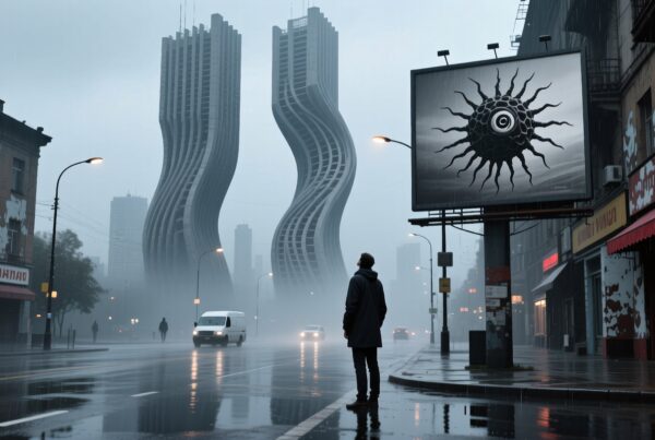 Futuristic city scene featuring twisting skyscrapers and a rainy street.