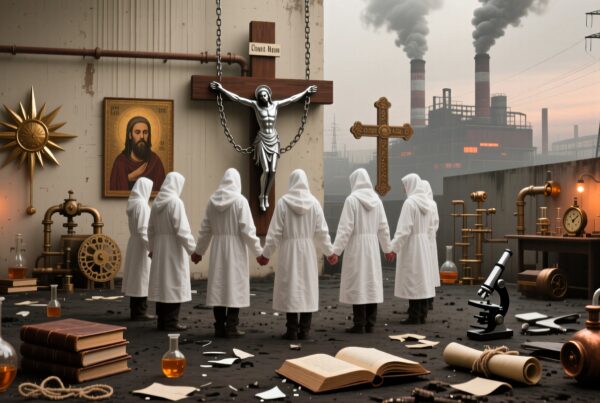 People in white robes study a crucifix in an industrial lab.