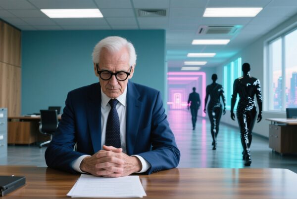 An elderly man sits thoughtfully at a desk in a futuristic office hallway lit with neon lights, exploring the contrast between tradition and modernity.